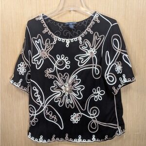 Saint Tropez West Blouse Black Embroidered Floral‎ Casual Boho Women's 1X